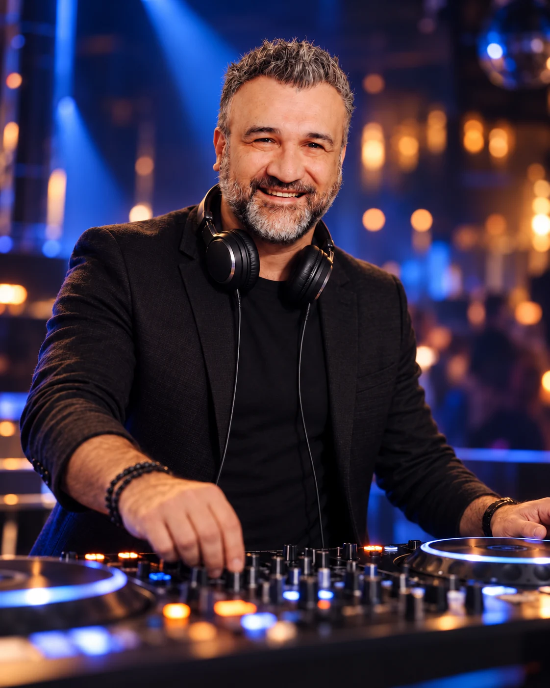 DJ Glenn mit Kopfhörern am Mischpult in einer beleuchteten Eventlocation