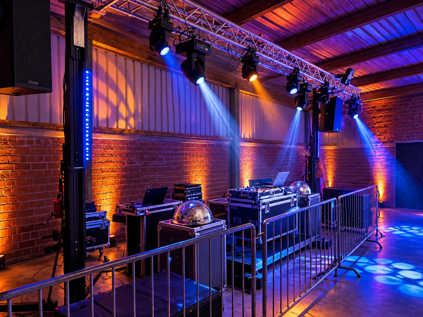 Großer DJ- und Lichttechnik-Aufbau mit Traversen, Moving Heads und Lautsprechern in einer Industrie-Location